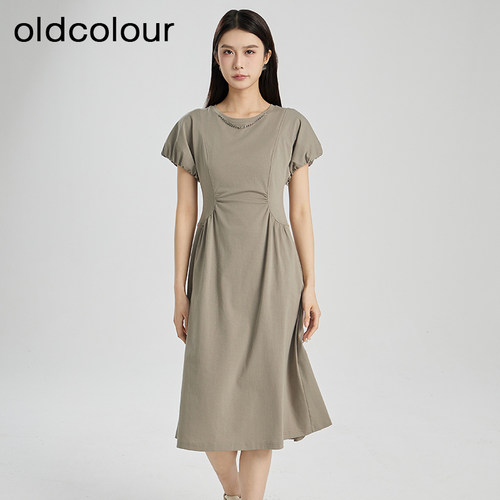 oldcolour夏季设计感小众高腰A字中长款短袖连衣裙Q281005A1-759