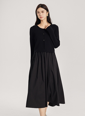 oldcolour春季新品法式圆领时尚拼接针织连衣裙女Q120516A1-1099