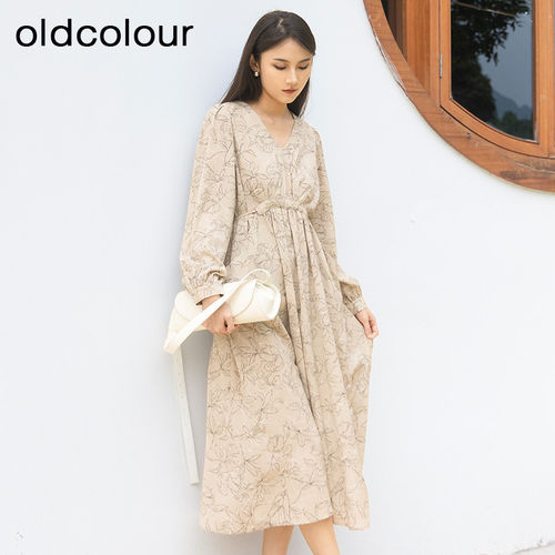 oldcolour新款洋气优雅气质V领收腰显瘦长袖时尚连衣裙BQ321007A1