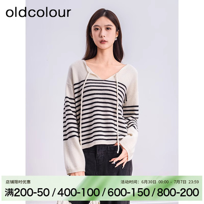 oldcolour冬季宽松时尚系领带条纹毛织套头衫女BQ480501A1-659