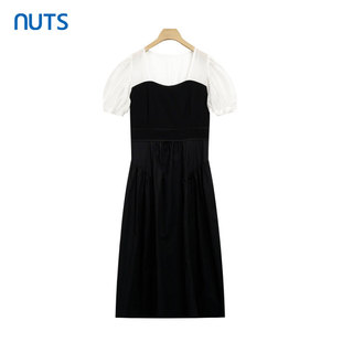 裙子326101407B NUTS女装 中长款 复古方领拼接泡泡袖 659 连衣裙夏季