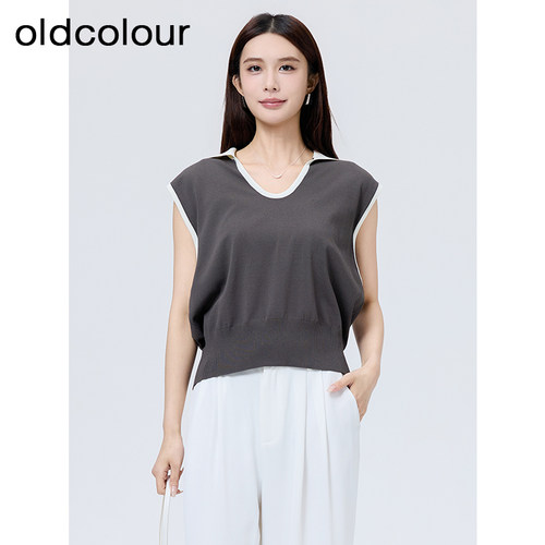 oldcolour欧珂夏简约宽松时尚通勤V领无袖毛织套头衫女