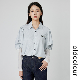 499 秋宽松显瘦设计感上衣女O31013083B oldcolour泡泡袖 条纹衬衫