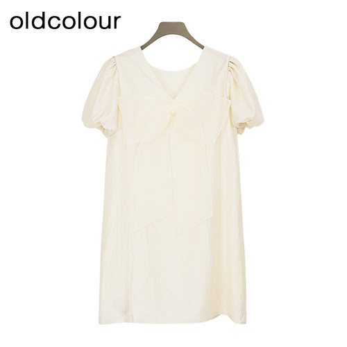 oldcolour夏季新款白色小清新减龄V领宽松短款连衣裙BR281062A1