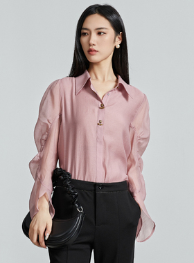 oldcolour秋季新款通勤时尚纯色花边袖长袖衬衫女P310107A1-599