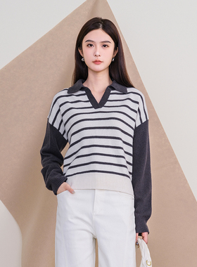 oldcolour欧珂冬时尚宽松横纹拼接休闲毛织套头衫女P420510A1-799