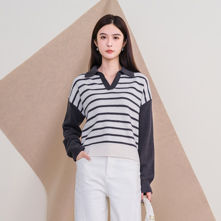 oldcolour欧珂冬时尚宽松横纹拼接休闲毛织套头衫女P420510A1-799