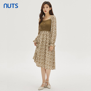 气质休闲风碎花拼接设计长袖 时尚 连衣裙333102180 新款 NUTS秋季