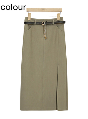 oldcolour复古半身裙春季高腰直筒开叉高级西装裙女P11063141-699