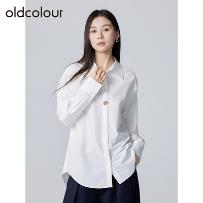 oldcolour欧珂春秋季纯棉休闲宽松通勤简约百搭纯色长袖衬衫女
