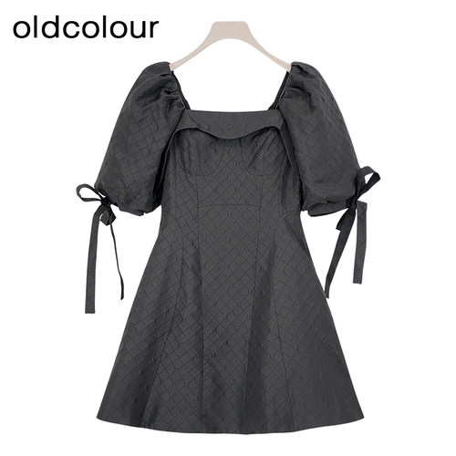 oldcolour夏季新品黑色方领简约气质设计感短袖连衣裙BR291029A1