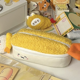 新款创意可爱卡通毛绒炸虾笔袋造型大容量多功能学生文具收纳包