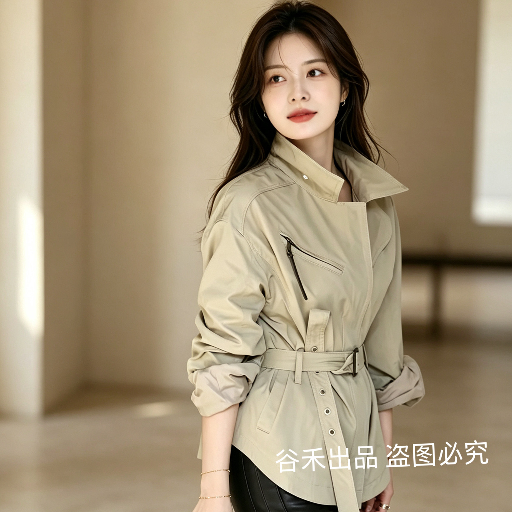 良木礼同款2026秋季女装新款纯色翻领抽绳收腰洋气短外套百搭风衣图片