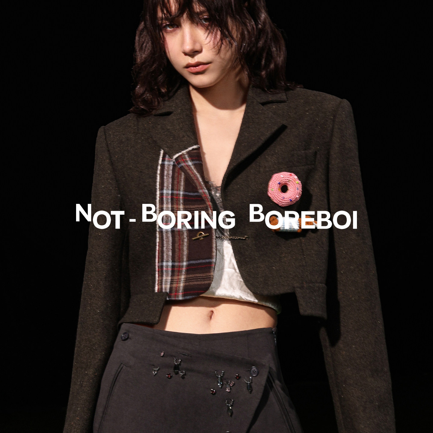 NB B丨绵羊毛混纺拼接西装夹克女 拉链门襟可拆卸挂饰秋冬短外套