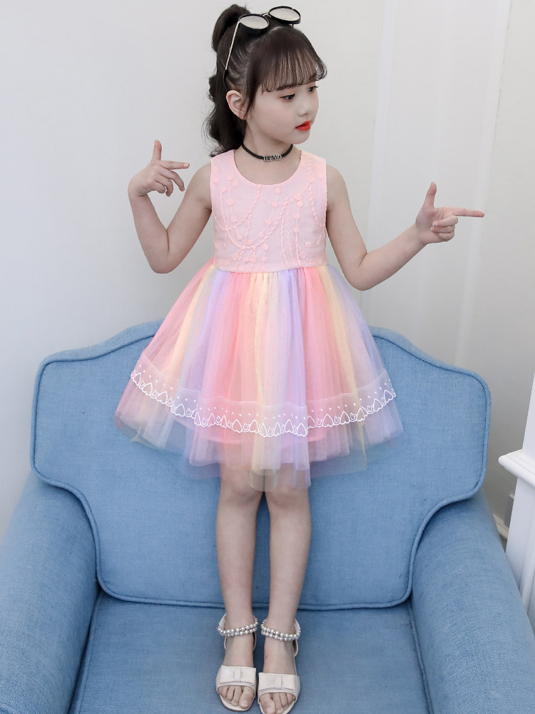 Girls dress summer 2021 new summer Korean version of the super Ocean school children's clothing children's rainbow little girl princess dress