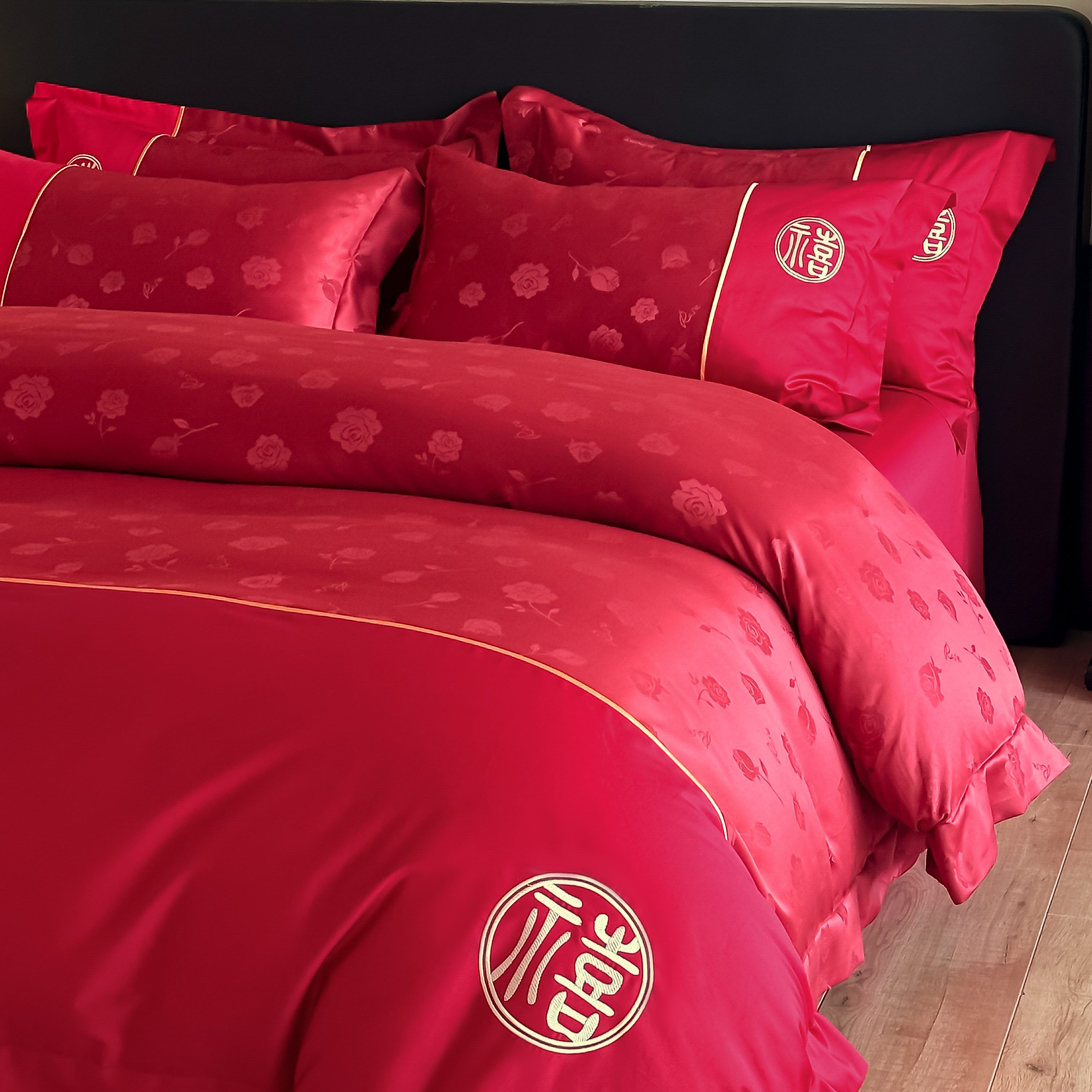 高档结婚100支刺绣四件套红色婚庆被套床单床笠新婚陪嫁床上用品4