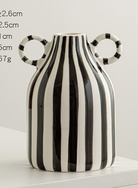 新款手绘双耳条纹小众o陶瓷花瓶民宿餐桌插花装饰摆件北欧大肚简