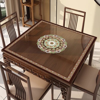 新款新中式透g明桌垫方形桌布免洗防油防水软玻璃PVC八仙桌餐桌保