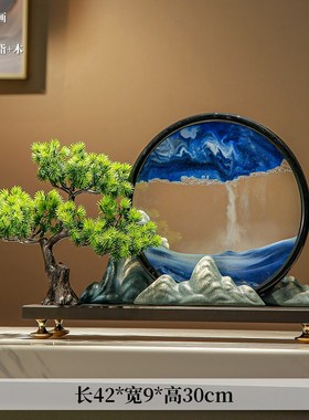新款新中式迎客松山水流沙画摆y件客厅电视柜办公室禅意解压沙漏