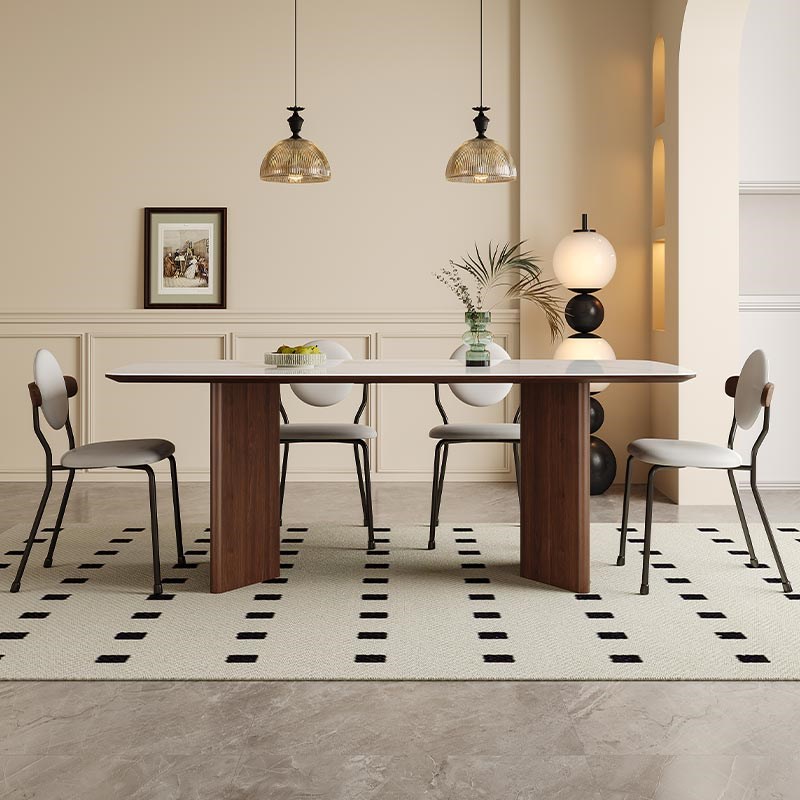 新款法式奶油复古黑胡桃色实木岩板餐桌Q椅组合侘寂风长方形