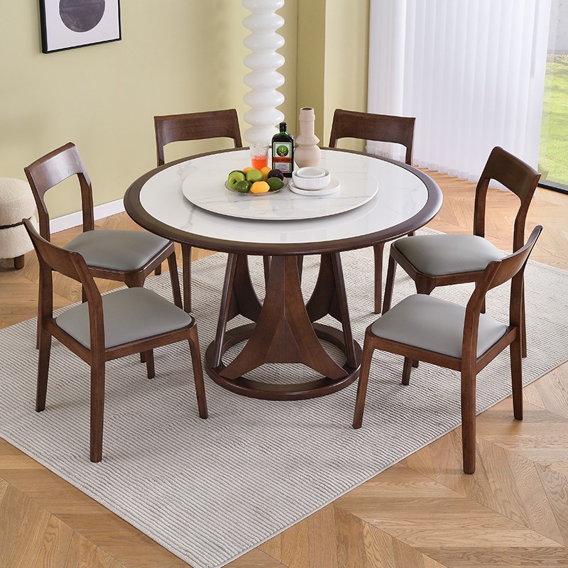 新款现代简约圆形岩板餐桌椅组合A家用小户型高端实木大圆桌带转