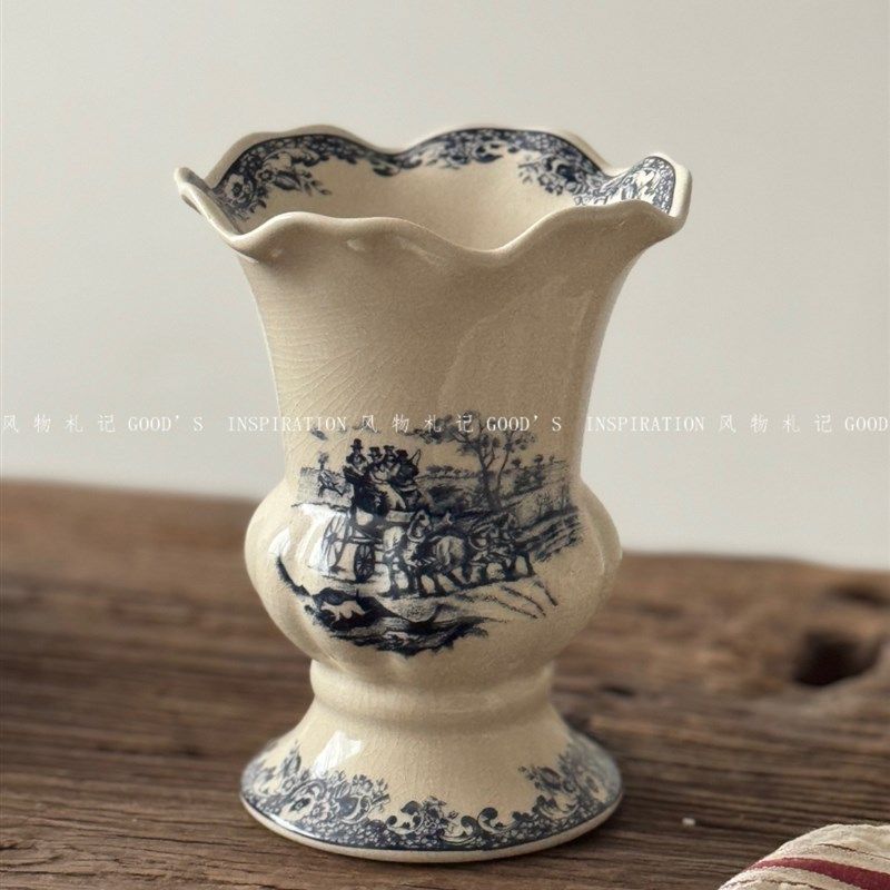 新款法瓷中古高雅青花着墨花瓶 复古陶瓷器轻Q奢摆件民宿家居装饰