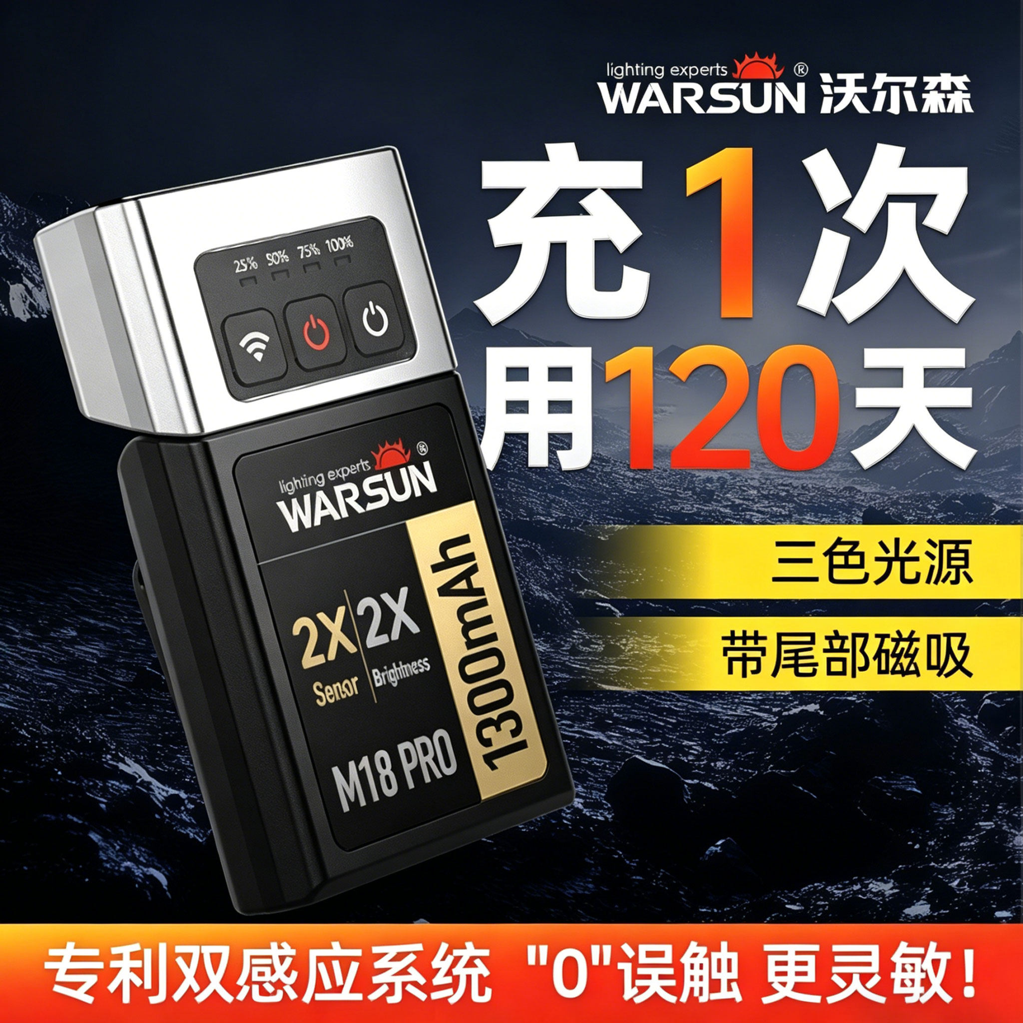 沃尔森夜钓头灯超长续航钓鱼专用双感应帽夹强光超亮充电头戴夹帽