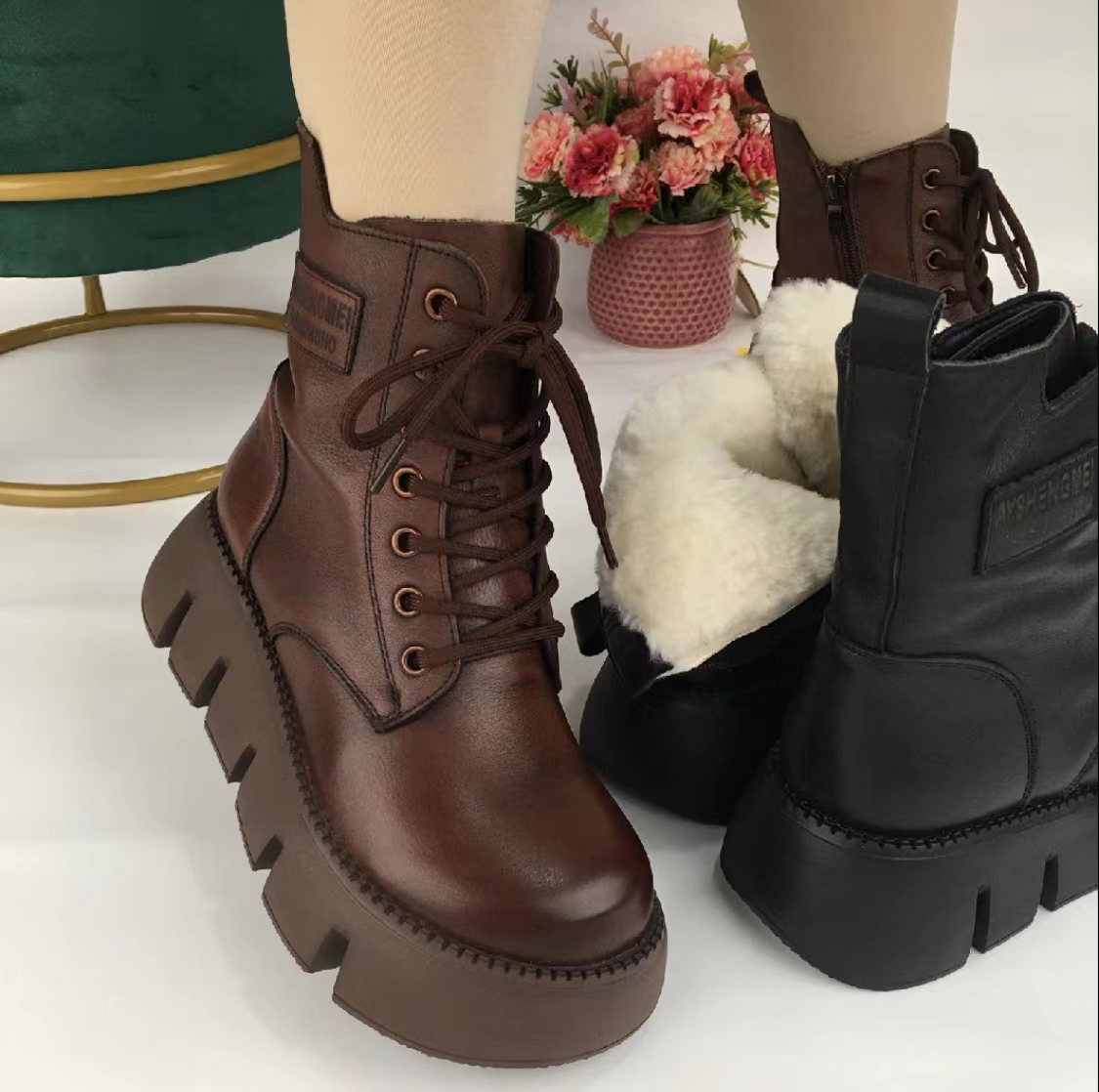 松糕厚底真皮短靴女秋冬季新款头层牛皮羊毛女靴百搭英伦风马丁靴