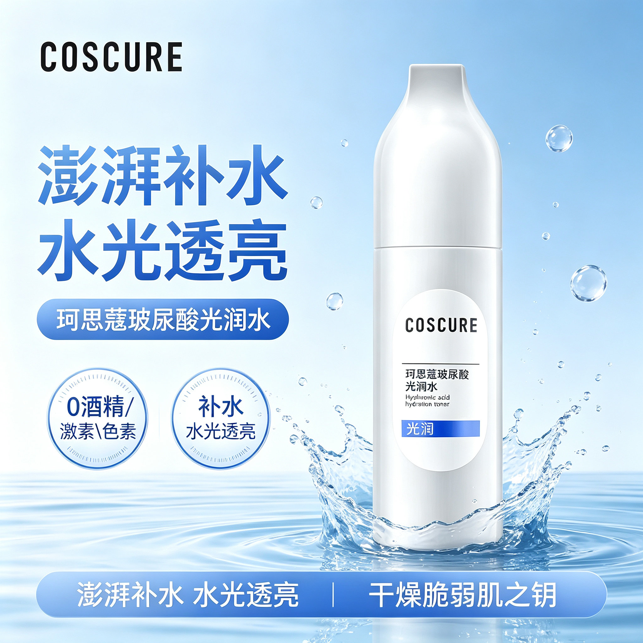 珂思蔻玻尿酸光润水补水收缩毛孔干油皮爽肤保湿水清爽油干皮学生