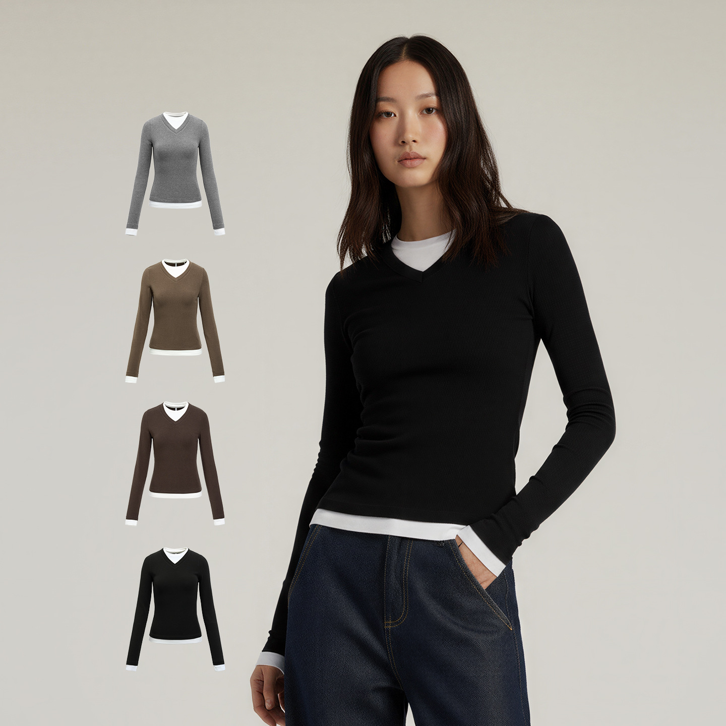 捷展女装|假两件V领撞色上衣25秋季新品修身休闲百搭女装长袖T恤