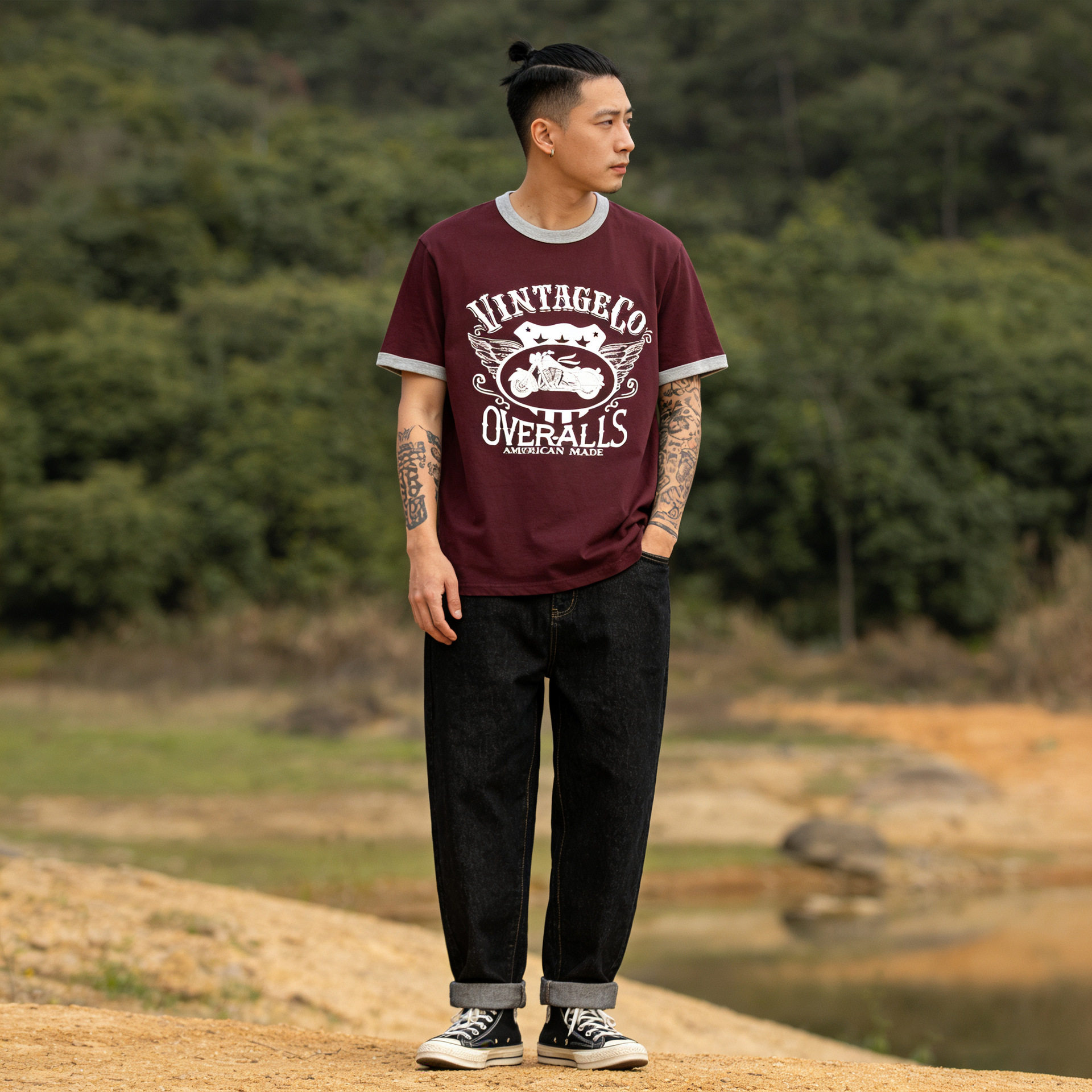 OKONKWO复古摩托机车T恤圆领拼色螺纹休闲短袖T恤图片