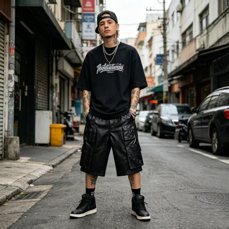 美版 高街复古嘻哈美式街头hipho滑板说唱 暗黑pu皮美潮七分短裤
