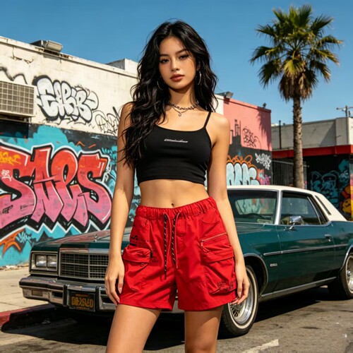 美版 女款 复古嘻哈街头hiphop美式经典梭织 热辣短款 休闲短裤