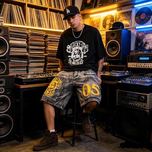 美版 复古嘻哈街头hiphop滑板说唱 美式经典做旧 泼墨 牛仔短裤