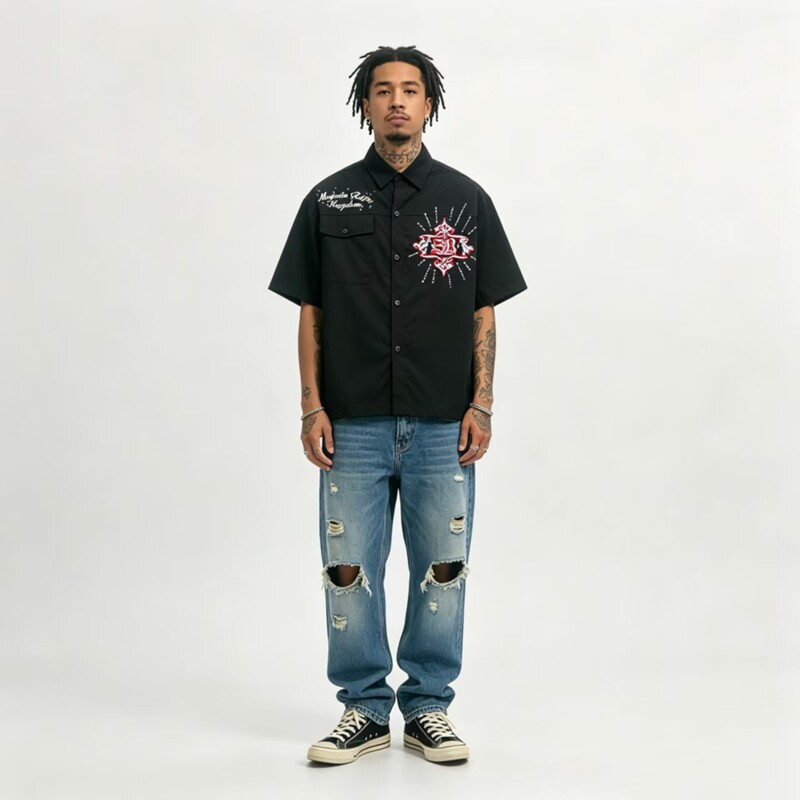美版 复古嘻哈街头hiphop街舞说唱 美式烫钻 美潮刺绣 衬衫