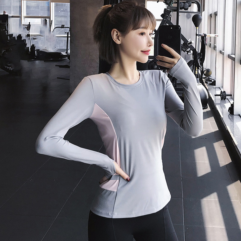 AA季紧身瑜伽服T恤拼色速干衣健身服运动训女长袖跑步套头上衣