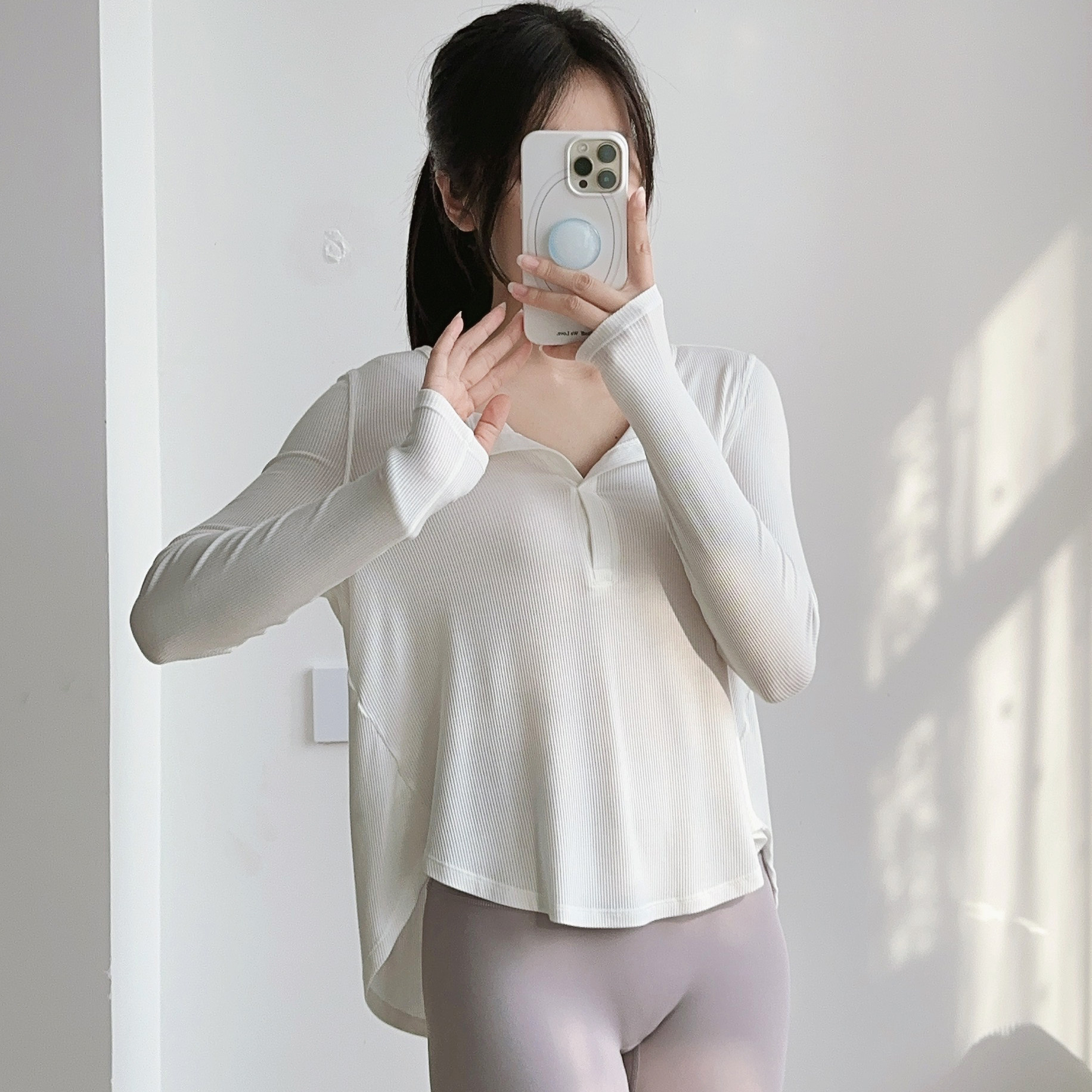 罩衫v领宽松瑜伽t恤抽绳运动长袖跑步健身服防晒衣普拉提上衣女