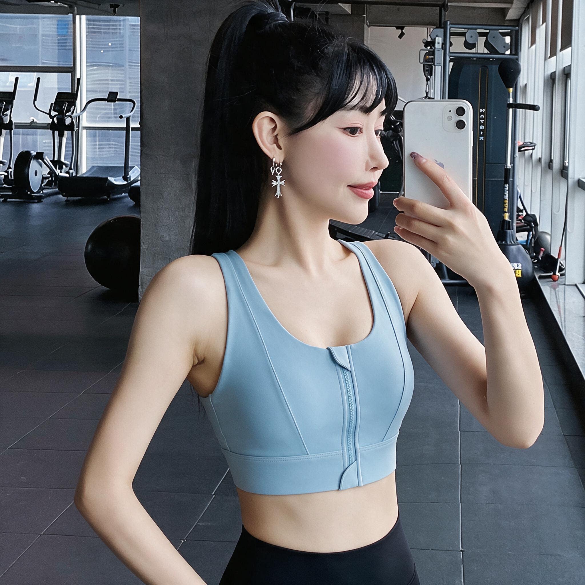 美背心运动高强度防震跑步健身女一体杯内衣前拉链薄款夏季可外穿