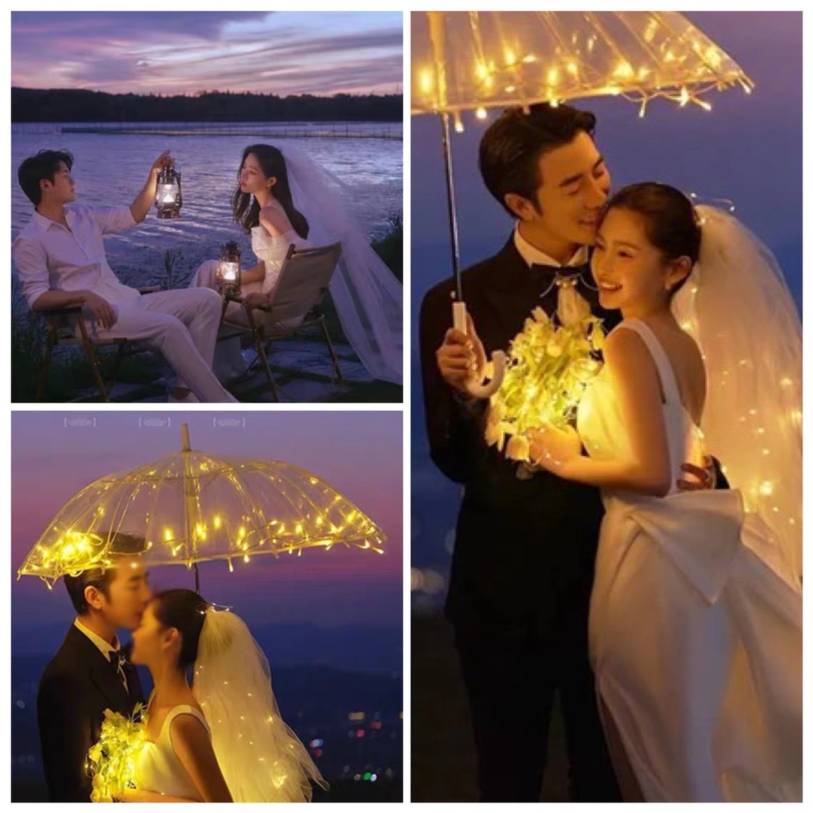 影楼婚纱外景写真拍照装饰新娘手捧花带灯透明伞灯串夜景摄影道具