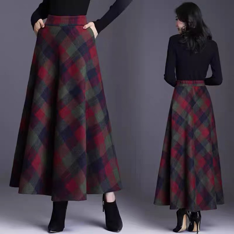加厚羊毛格子半身裙女秋冬2026新款高腰显瘦简约百搭A字大摆长裙
