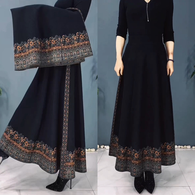 民族风羊毛半身裙女保暖A字裙妈妈厚款大摆裙中长款伞裙长裙冬裙