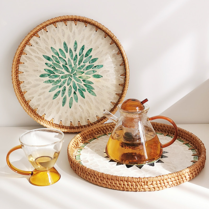 日式手工藤编贝壳圆形托盘家用茶盘收纳盘装饰水果盘小众家居摆件,餐饮具,餐用托盘,淘宝优惠券,粉丝福利购,淘宝优惠卷