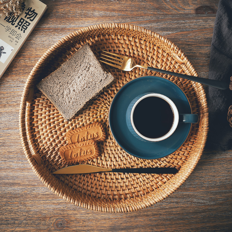 日式藤编托盘茶盘家用餐桌客厅收纳盘水杯茶点盘零食水果盘面包筐