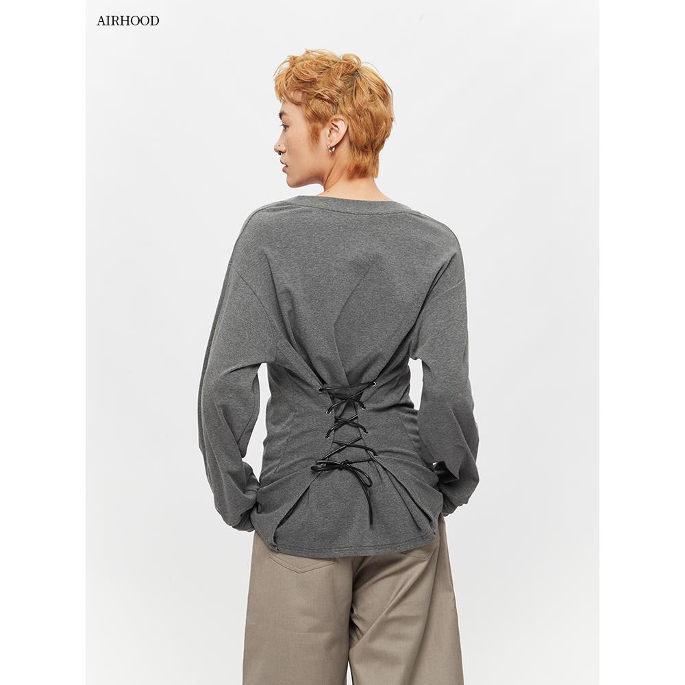 AIRHOOD 美式覆古V领长袖T恤女春秋季收腰修身显瘦打底衫上衣ins