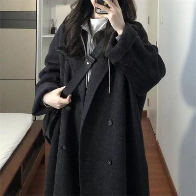 黑灰色高级感双面羊绒大衣女2025秋冬季新款韩系中长款羊毛呢外套