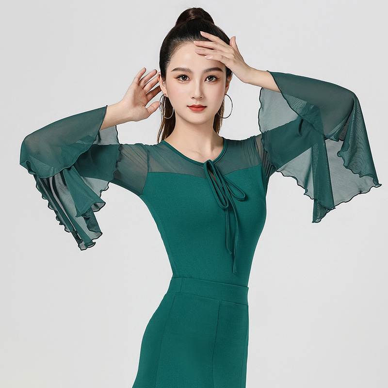 高端摩登舞华尔兹跳舞上衣女网纱舞服2024新款衣服夏季国标