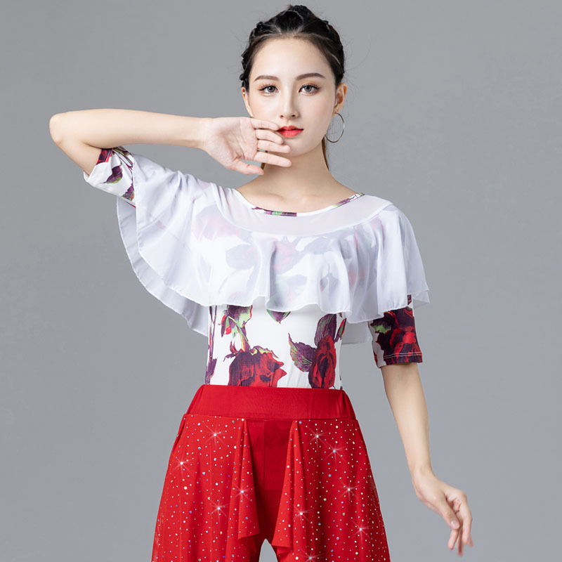 拉丁舞练功服上衣女新款2022年夏季摩登国标华尔兹短袖广场舞