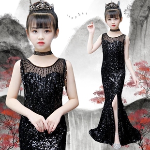 閃亮片宴會禮服女童黑色氣質(zhì)連衣裙修身 包臀演出服鋼琴主持人藝考