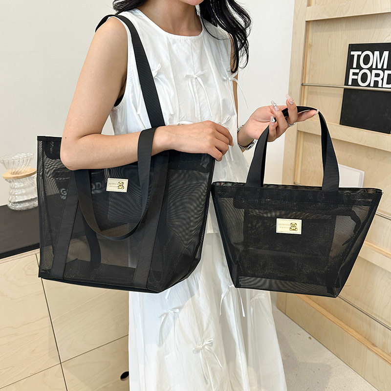 新款韩版厚网纱肩手提大容量洗漱包透明沙滩包健身瑜伽通勤包女