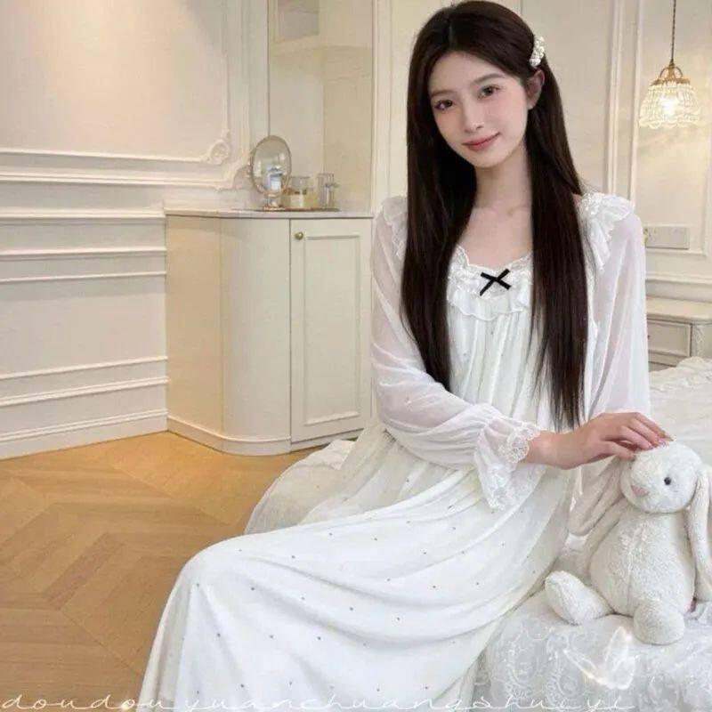甜美风白色长袖睡裙女夏季薄款中长款纱裙可爱波点超仙睡衣家居服